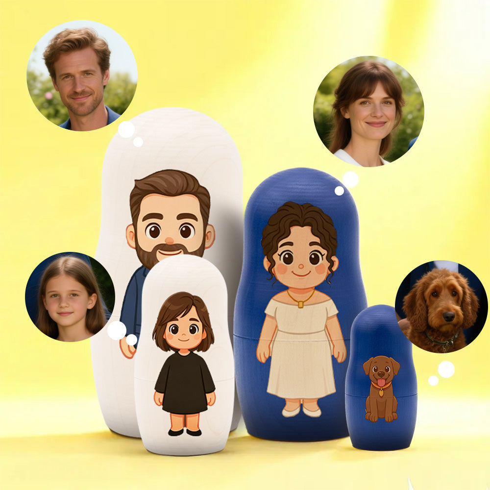 (5 Working Days Production) Personalized Family Portrait Nesting Doll with Box Custom Photo into Cartoon Style Preview Christmas Gift