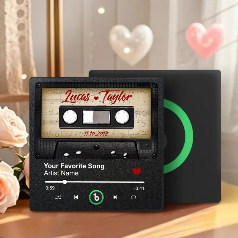 FridgeBeats Framed 4.0 Custom Retro Black Cassette Tape Personalized Names Music Fridge Magnet Anniversary Gift Valentines Gift for Couples
