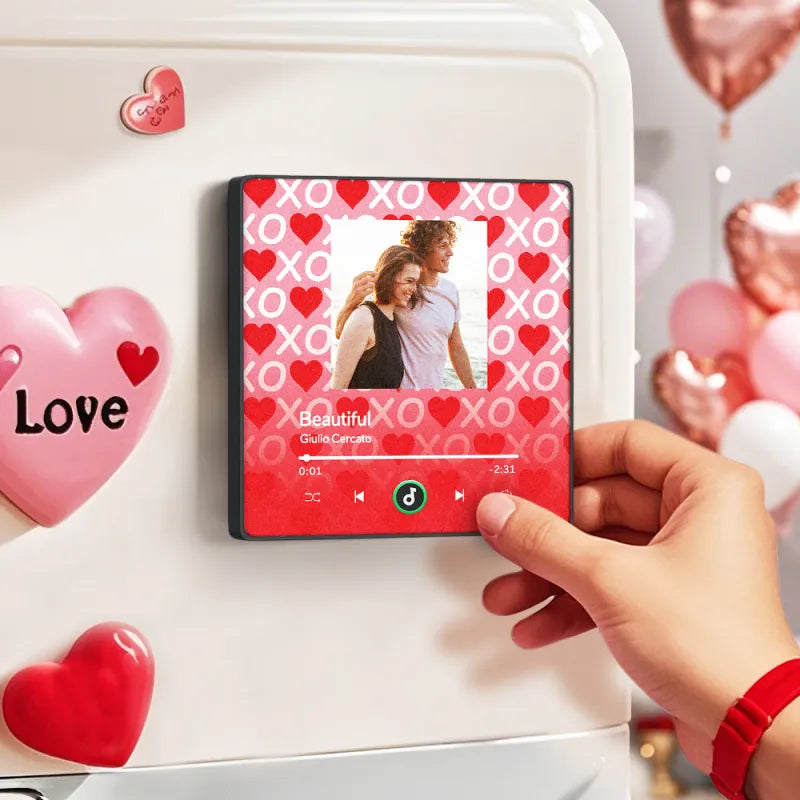 FridgeBeats Framed 4.0 Personalized Music Fridge Magnet XOXO with Red Hearts Valentines Gift Music Wall Photo Sticker Music Movement