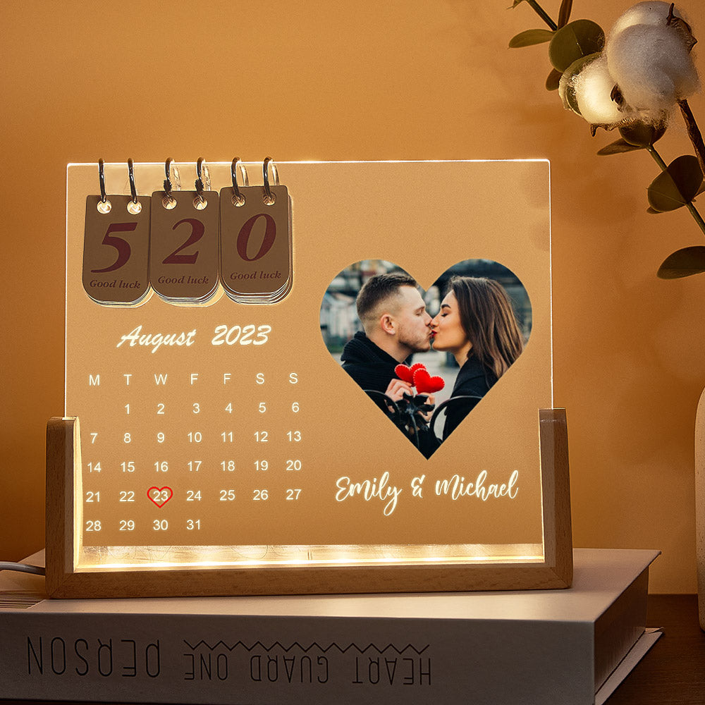 Custom Heart Photo & Name Acrylic Calendar Night Light – Birthday Christmas & Valentine’s Day Gift