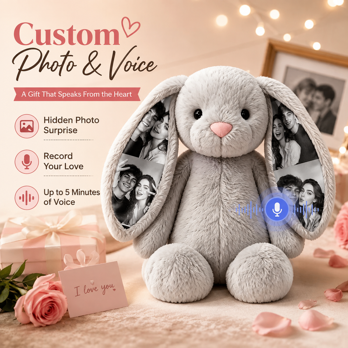 Peluche de conejito con grabación de voz personalizada, orejas con foto oculta, regalo de aniversario