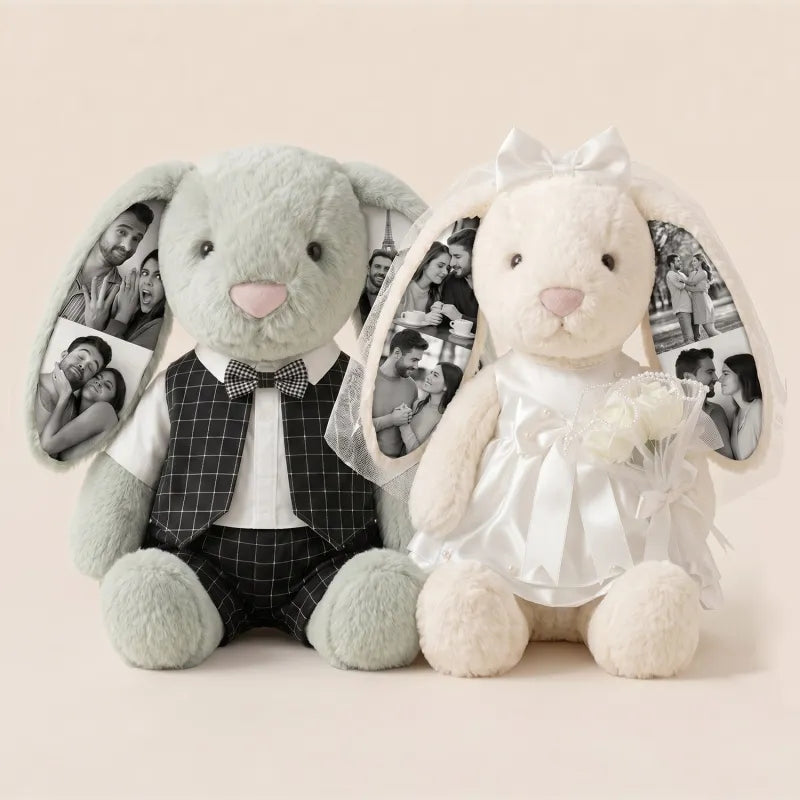 Peluche de conejito de boda de 40 cm con foto personalizada – Muñeco de peluche de novia y novio personalizado, regalo de aniversario de boda para parejas