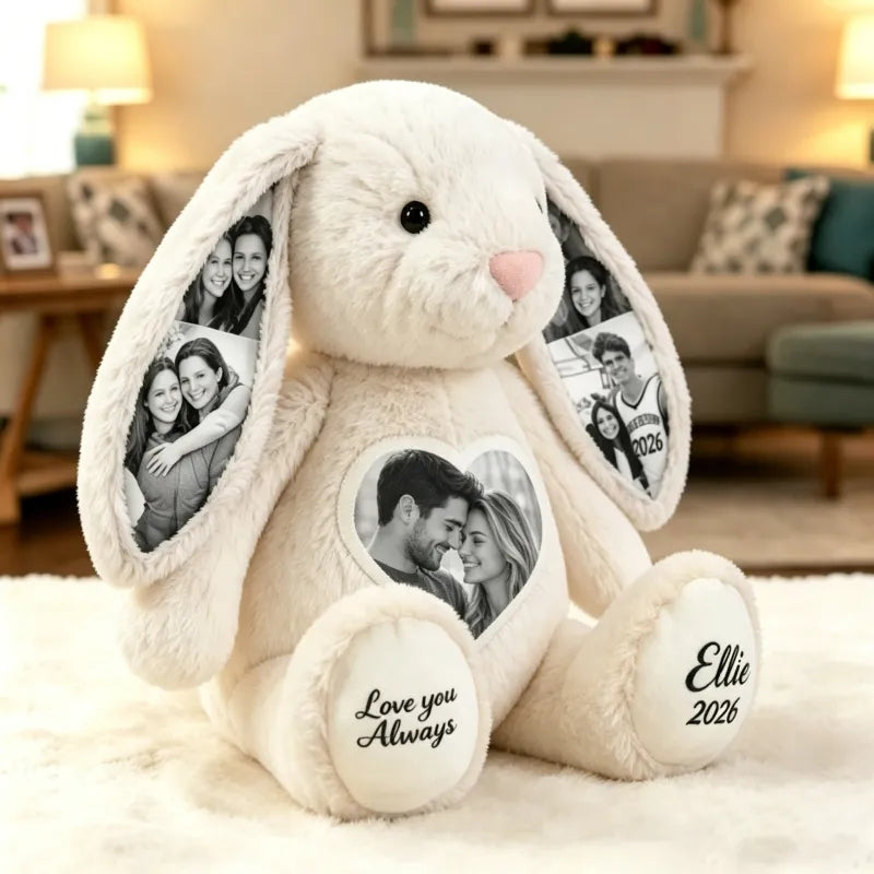 Peluche de conejo con foto e ilustraciones de colores personalizados – Conejo personalizado con imagen oculta en la oreja y texto personalizado, regalo de aniversario para parejas