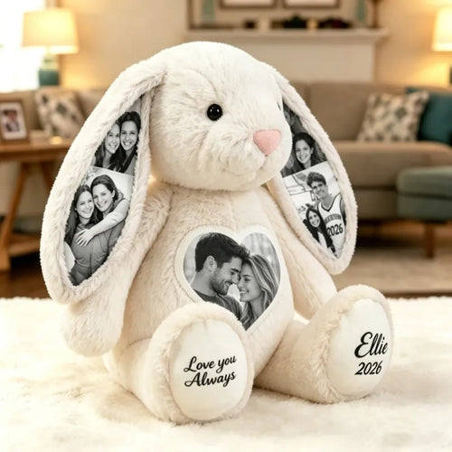 Peluche de conejo con foto e ilustraciones de colores personalizados – Conejo personalizado con imagen oculta en la oreja y texto personalizado, regalo de aniversario para parejas