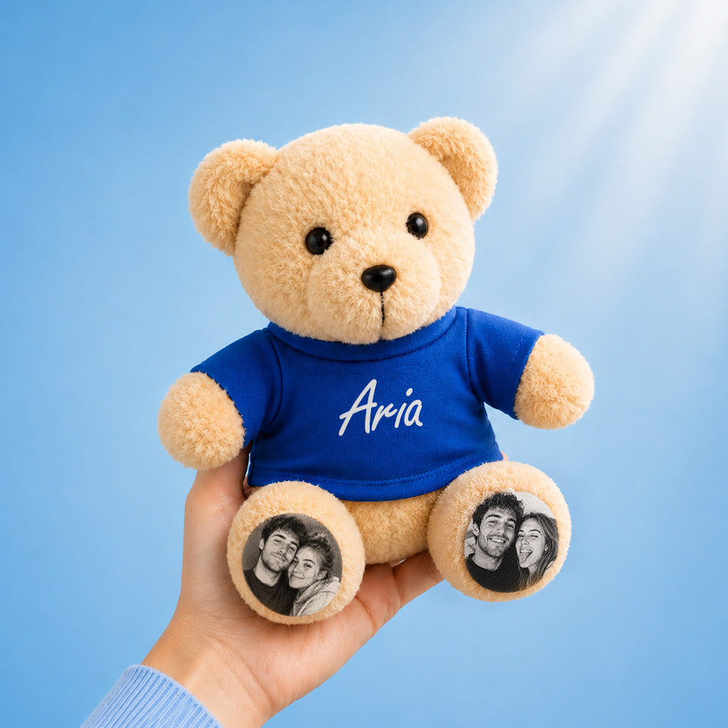 Osito de peluche personalizado con patas con foto personalizada y camiseta con nombre, regalo de peluche personalizado para parejas, niños y seres queridos