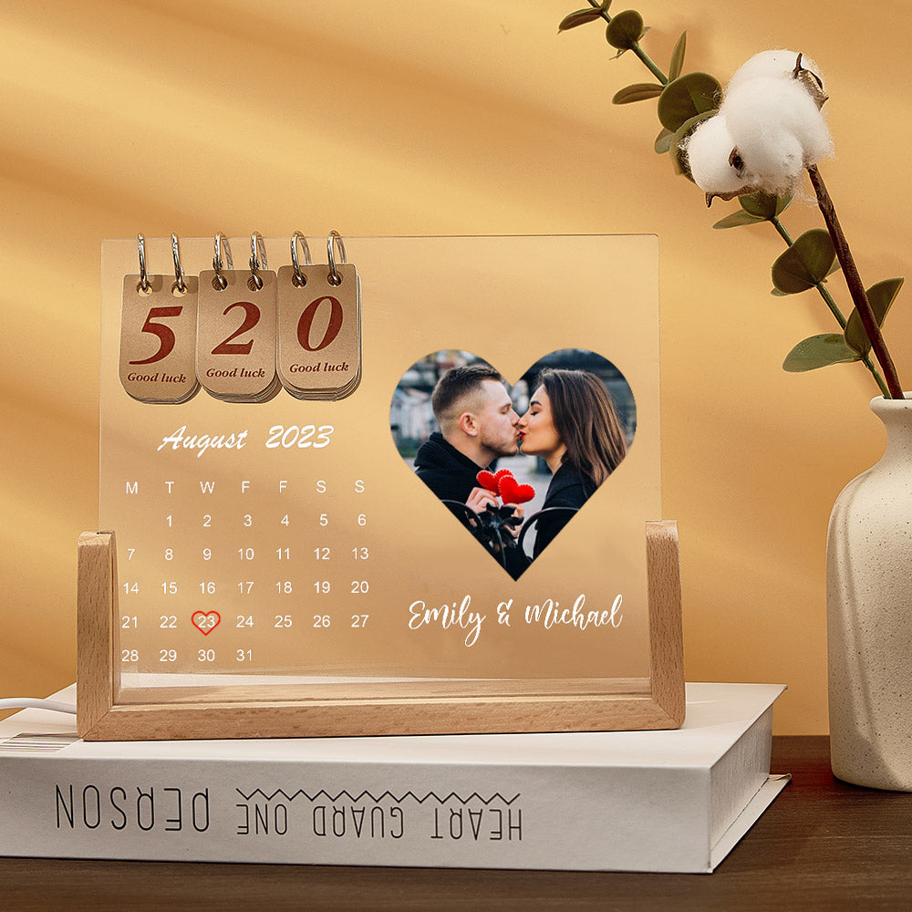 Custom Heart Photo & Name Acrylic Calendar Night Light – Birthday Christmas & Valentine’s Day Gift