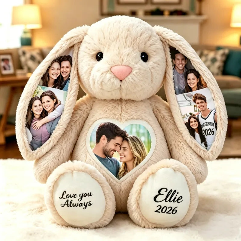 Peluche de conejo con foto e ilustraciones de colores personalizados – Conejo personalizado con imagen oculta en la oreja y texto personalizado, regalo de aniversario para parejas