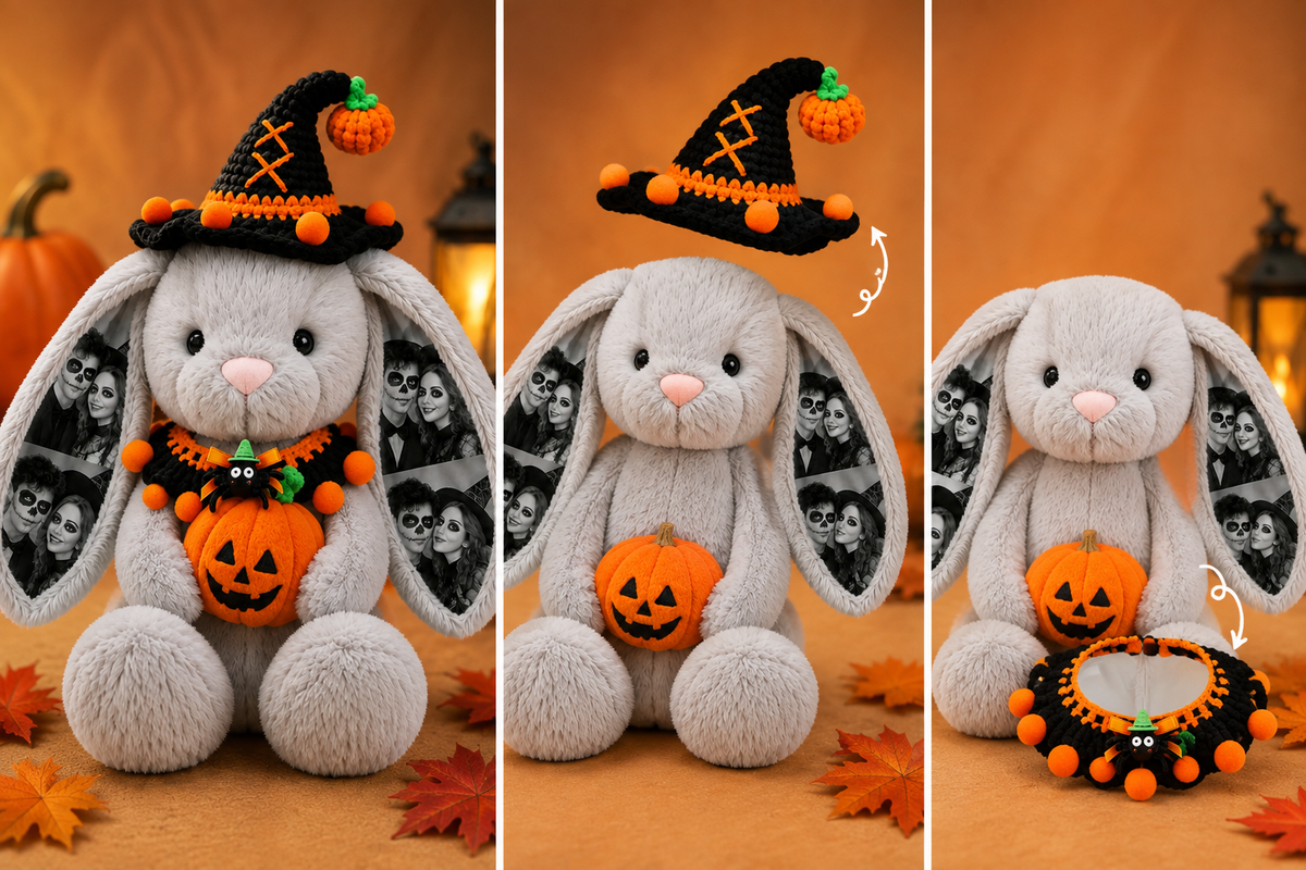 Peluche de conejo de Halloween Deluxe con foto personalizada, conejo con orejas de foto personalizada con calabaza, sombrero de bruja y babero de Halloween, regalo para parejas