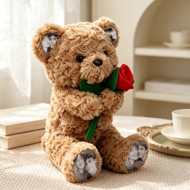 Oso de peluche con foto personalizada con rosa, oso de peluche personalizado con imágenes en las orejas y patas, regalo romántico para aniversario