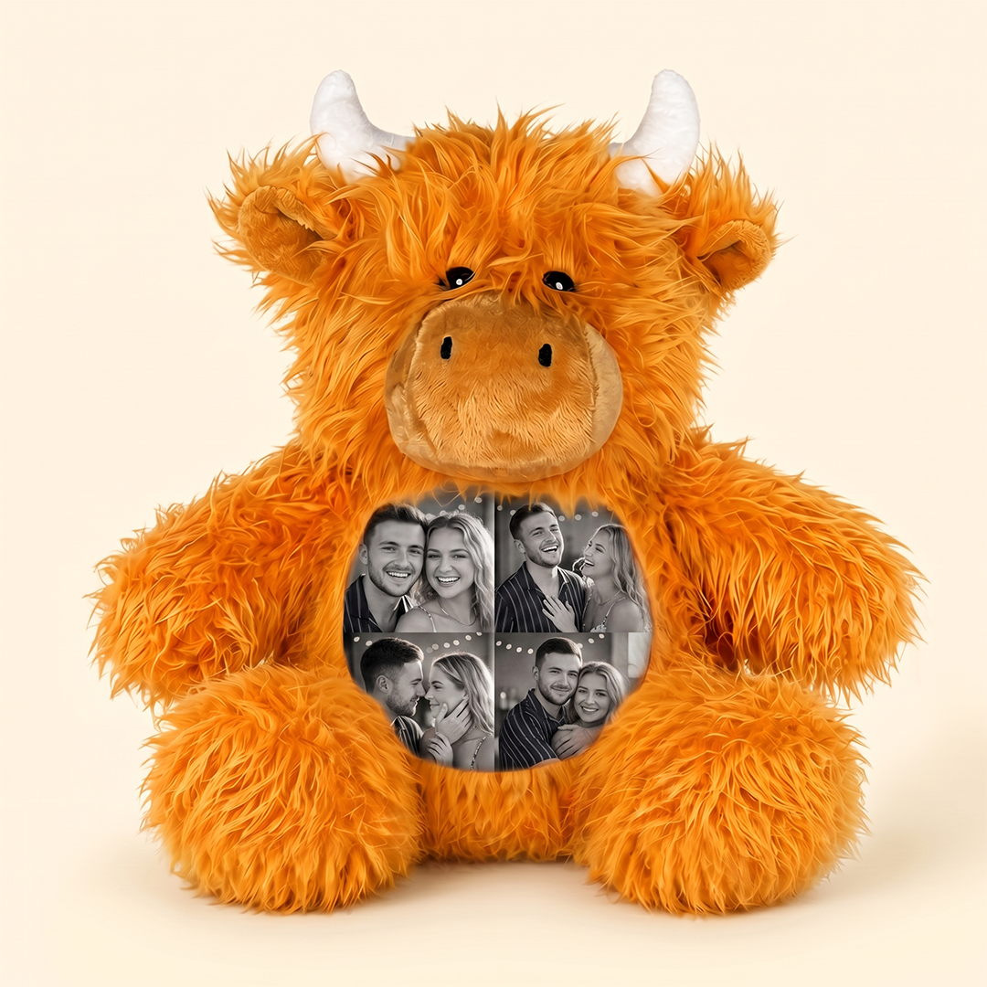 Peluche de vaca de las Tierras Altas con foto personalizada, animal de peluche con collage de fotos personalizado, peluche esponjoso de vaca de las Tierras Altas, regalo de recuerdo para parejas