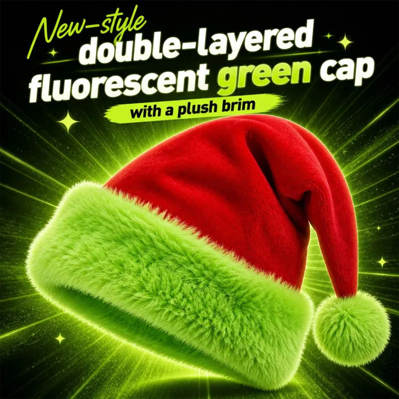 Fluffy Red & Green Santa Hat Double-Layer Plush Christmas Hat with Optional Embroidered Emoji for Adults & Kids