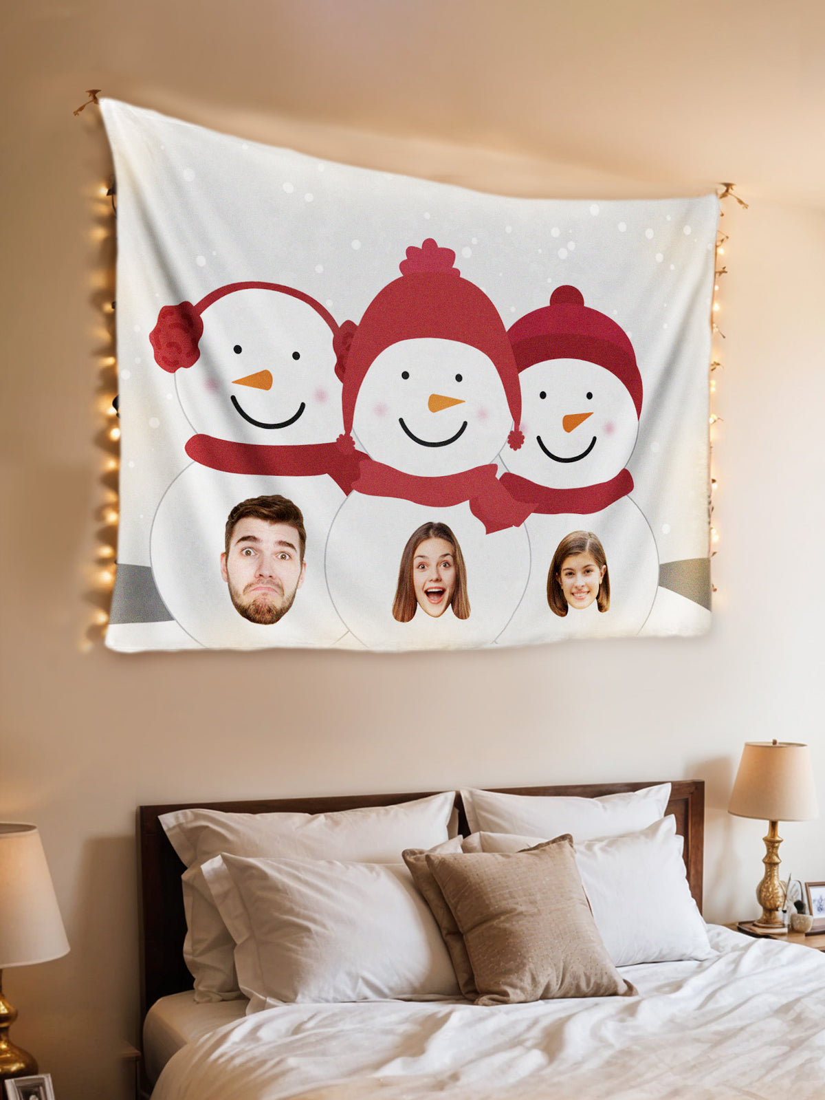 Custom Photo Tapestry – Personalized Faces Snowman Wall Hanging Blanket for Home Decor Christmas Gift