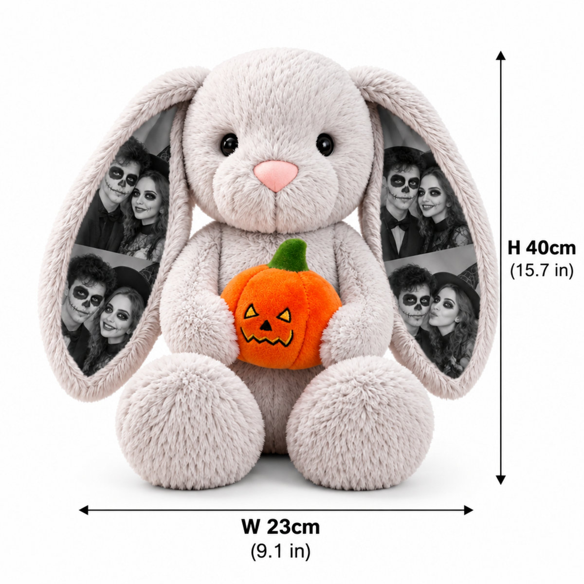 Peluche de conejo de Halloween Deluxe con foto personalizada, conejo con orejas de foto personalizada con calabaza, sombrero de bruja y babero de Halloween, regalo para parejas