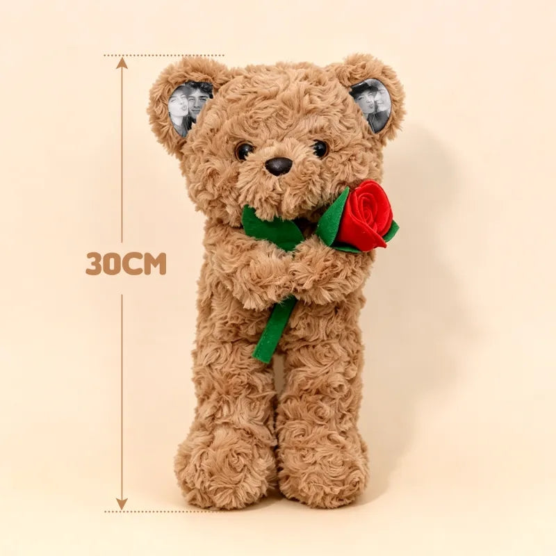 Oso de peluche con foto personalizada con rosa, oso de peluche personalizado con imágenes en las orejas y patas, regalo romántico para aniversario