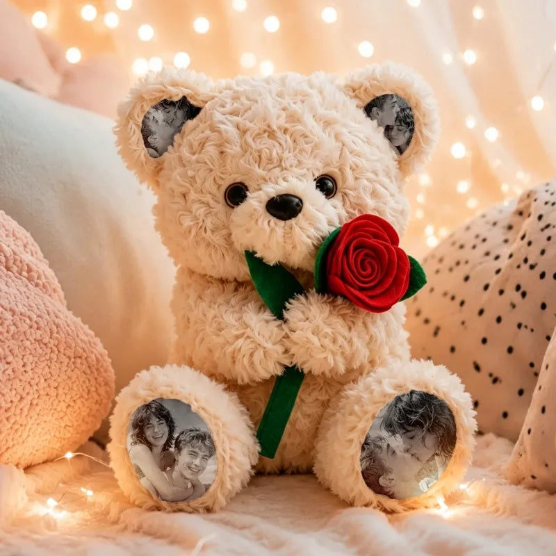 Oso de peluche con foto personalizada con rosa, oso de peluche personalizado con imágenes en las orejas y patas, regalo romántico para aniversario