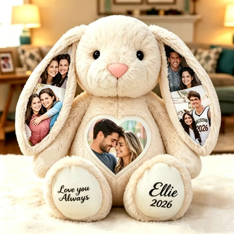 Peluche de conejo con foto e ilustraciones de colores personalizados – Conejo personalizado con imagen oculta en la oreja y texto personalizado, regalo de aniversario para parejas
