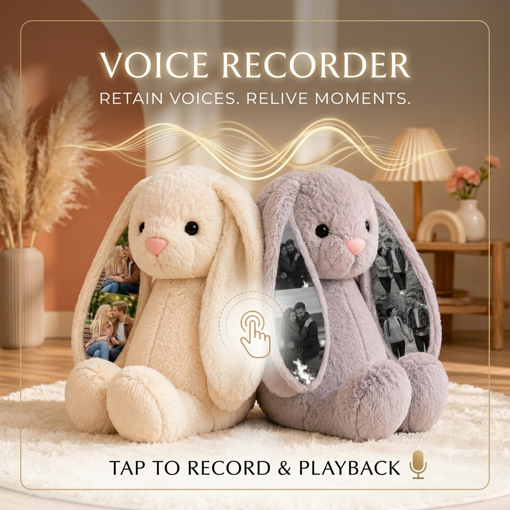 Peluche de conejito con grabación de voz personalizada, orejas con foto oculta, regalo de aniversario