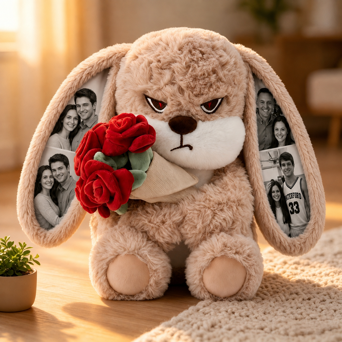 Peluche de conejito gruñón personalizado con orejas con foto personalizada y rosas, regalo romántico para parejas