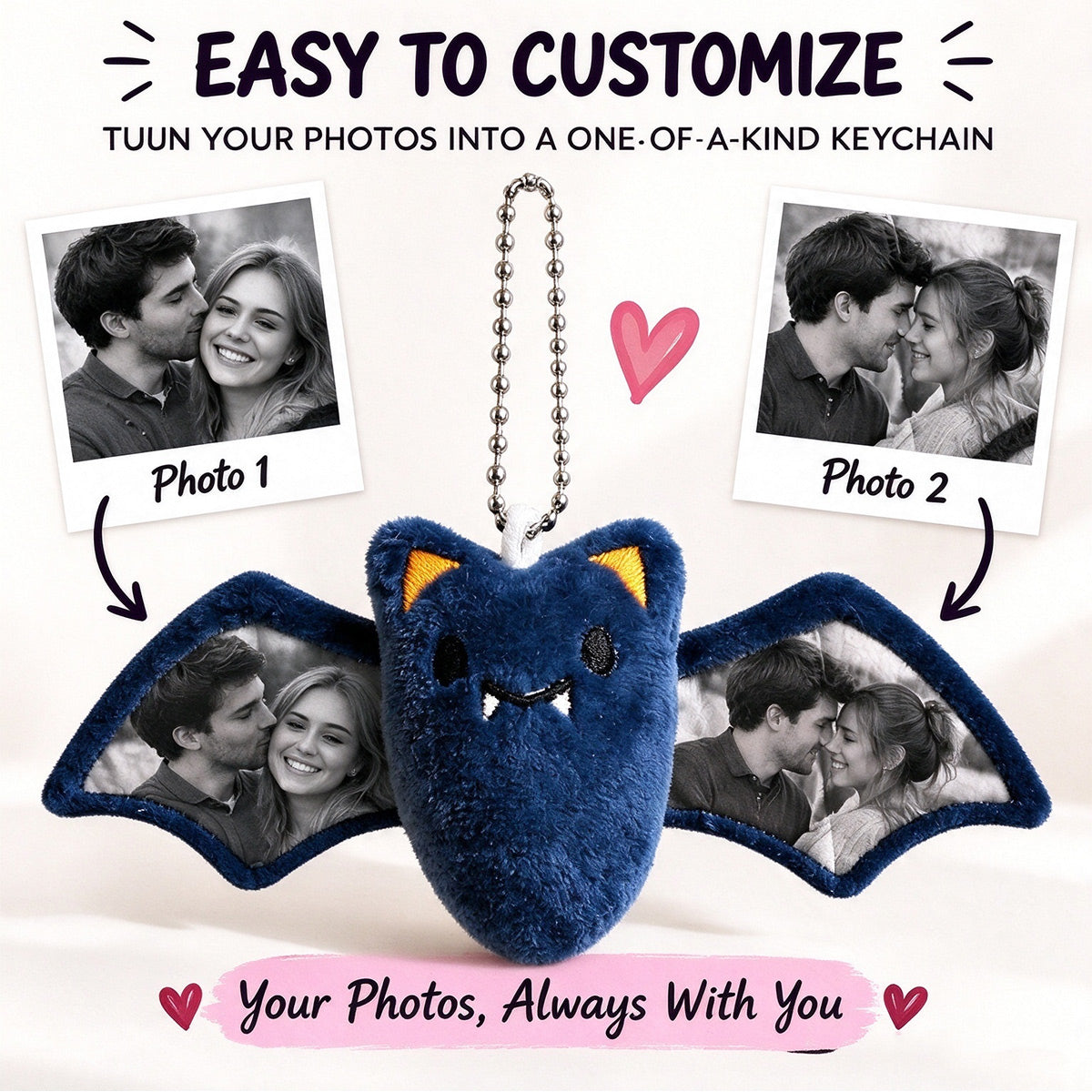 Llavero de peluche de murciélago con foto personalizada Adorno para bolsa de Navidad con foto personalizada