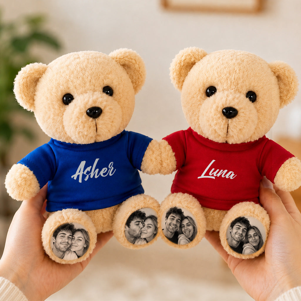 Osito de peluche personalizado con patas con foto personalizada y camiseta con nombre, regalo de peluche personalizado para parejas, niños y seres queridos