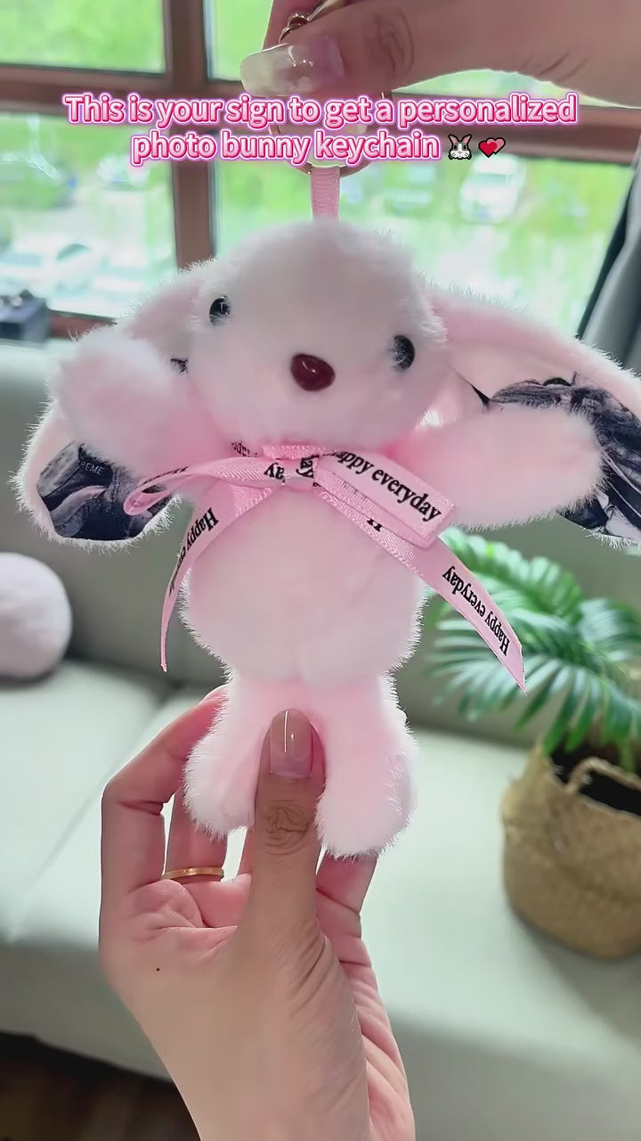 Llavero de peluche de conejito con foto personalizada – Adorno de bolso de conejo tierno personalizado con orejas con foto y lazo de regalo