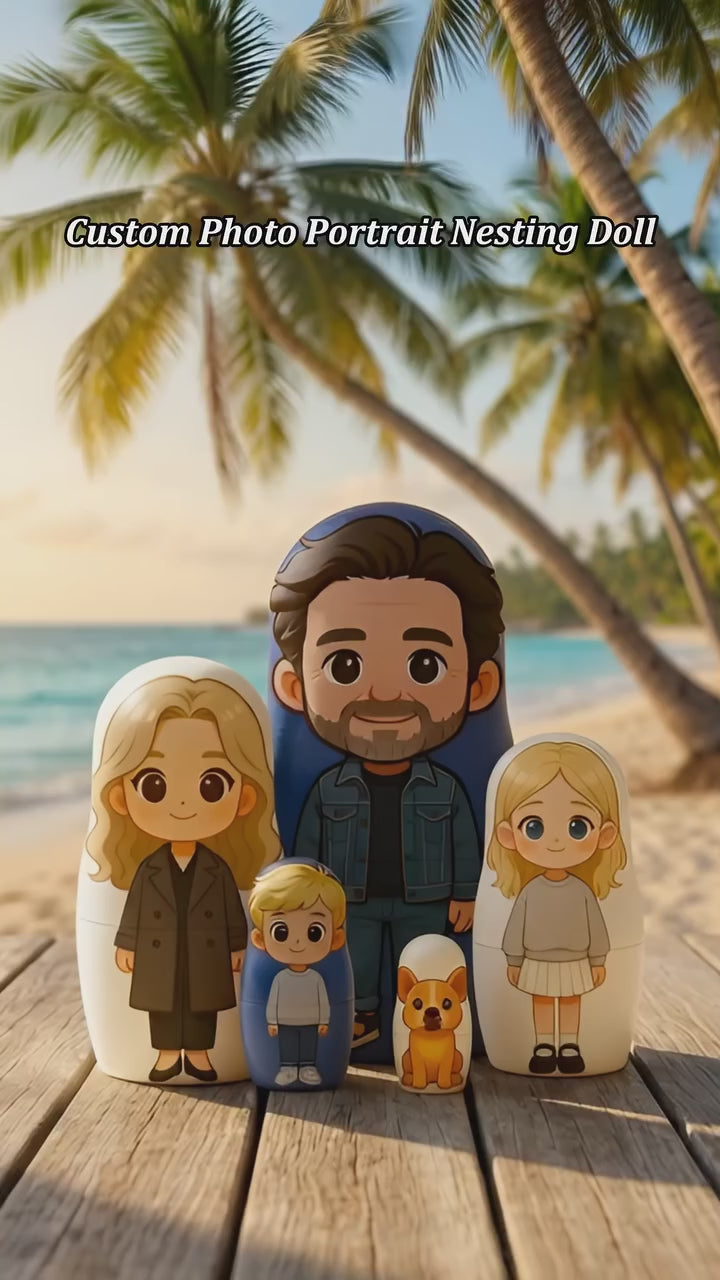 (5 Working Days Production) Personalized Family Portrait Nesting Doll with Box Custom Photo into Cartoon Style Preview Christmas Gift