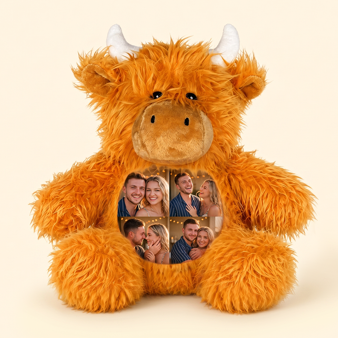 Peluche de vaca de las Tierras Altas con foto personalizada, animal de peluche con collage de fotos personalizado, peluche esponjoso de vaca de las Tierras Altas, regalo de recuerdo para parejas