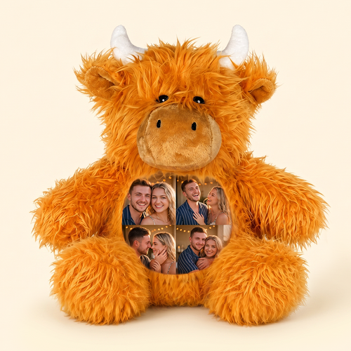 Custom Photo Highland Cow Plush, Personalized Picture Collage Stuffed Animal, Fluffy Highland Cow Plushie Memory Keepsake Gift for Couples