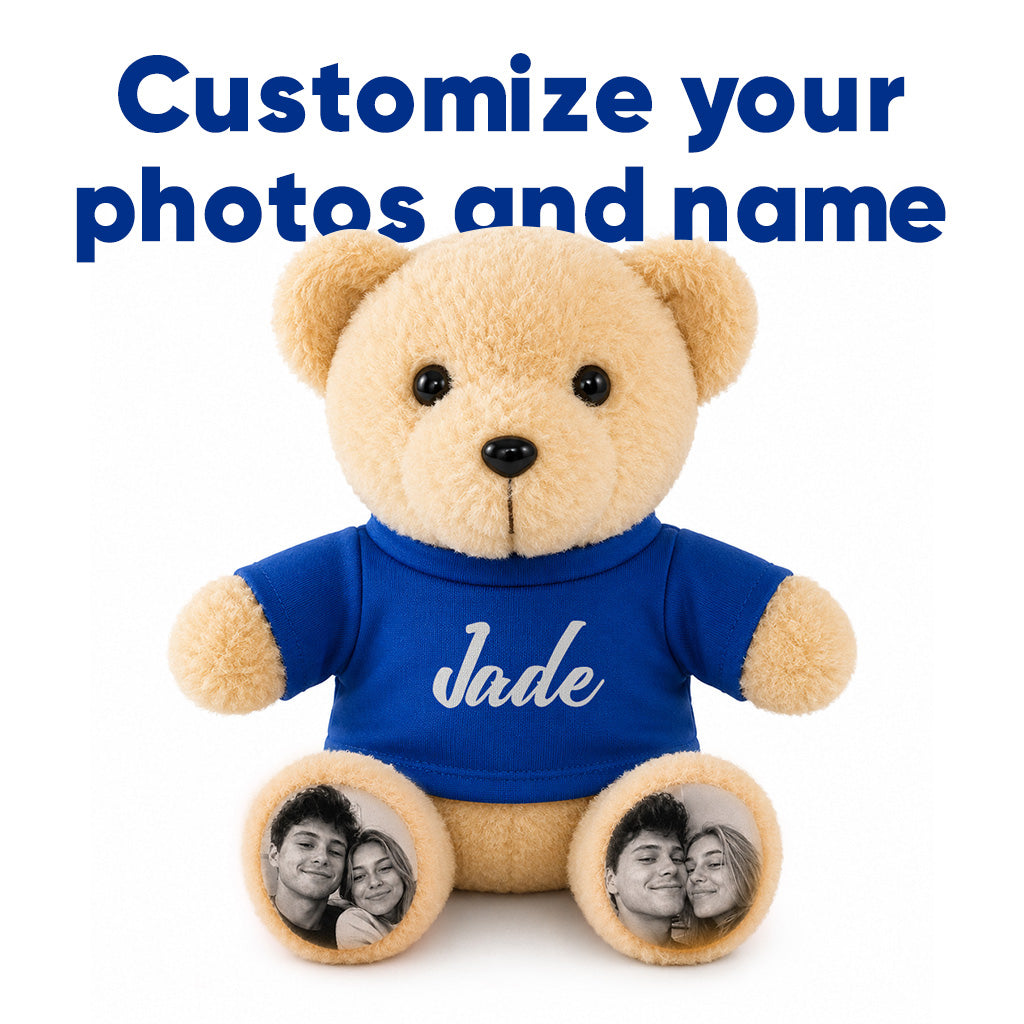 Osito de peluche personalizado con patas con foto personalizada y camiseta con nombre, regalo de peluche personalizado para parejas, niños y seres queridos