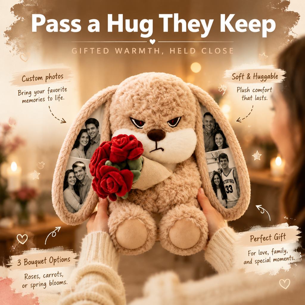 Peluche de conejito gruñón personalizado con orejas con foto personalizada y rosas, regalo romántico para parejas