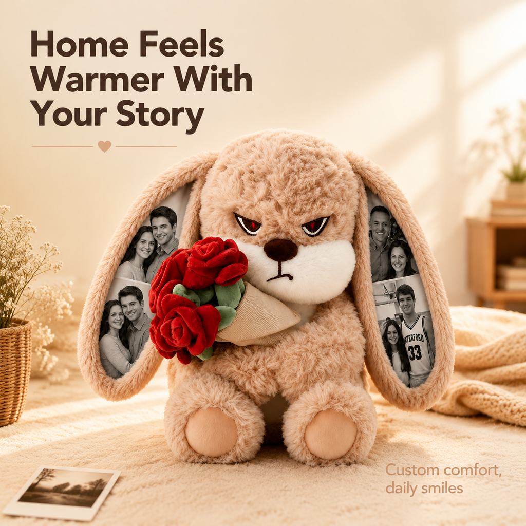 Peluche de conejito gruñón personalizado con orejas con foto personalizada y rosas, regalo romántico para parejas